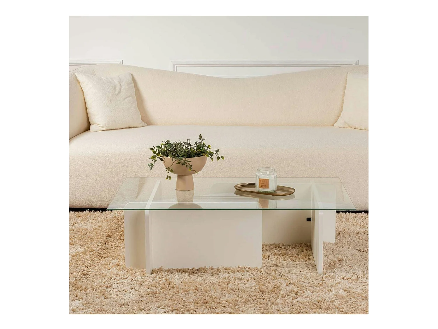 Table basse verre déstructurée – base effet bois blanc SALTA