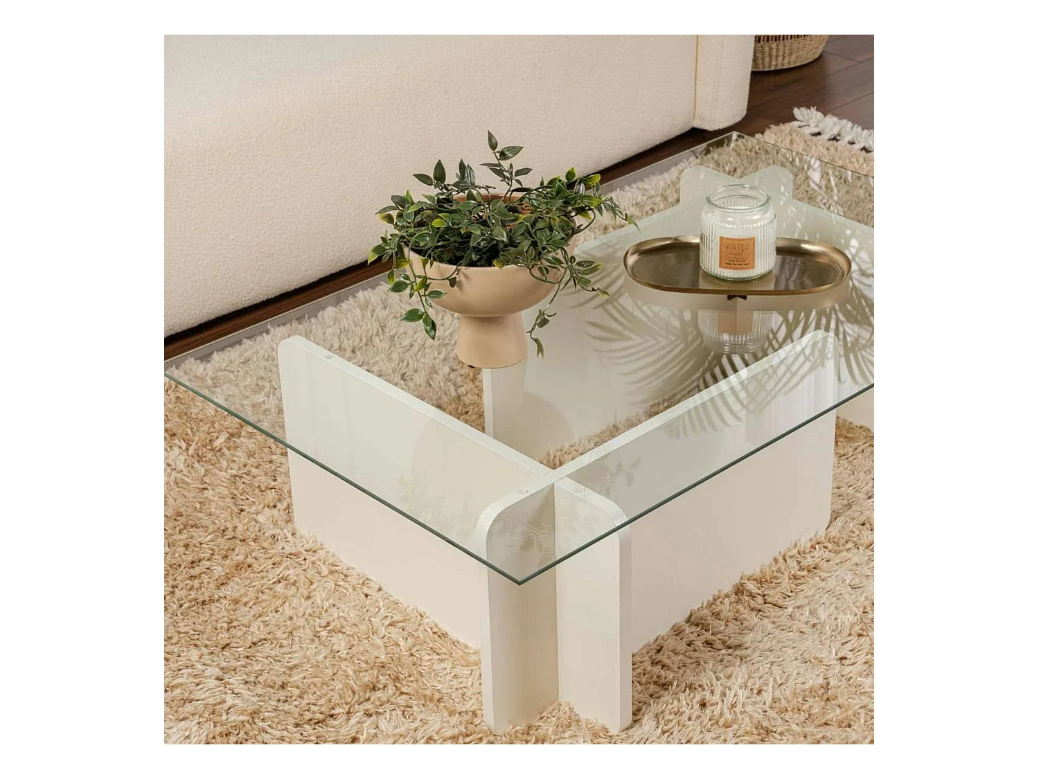 Table basse verre déstructurée – base effet bois blanc SALTA