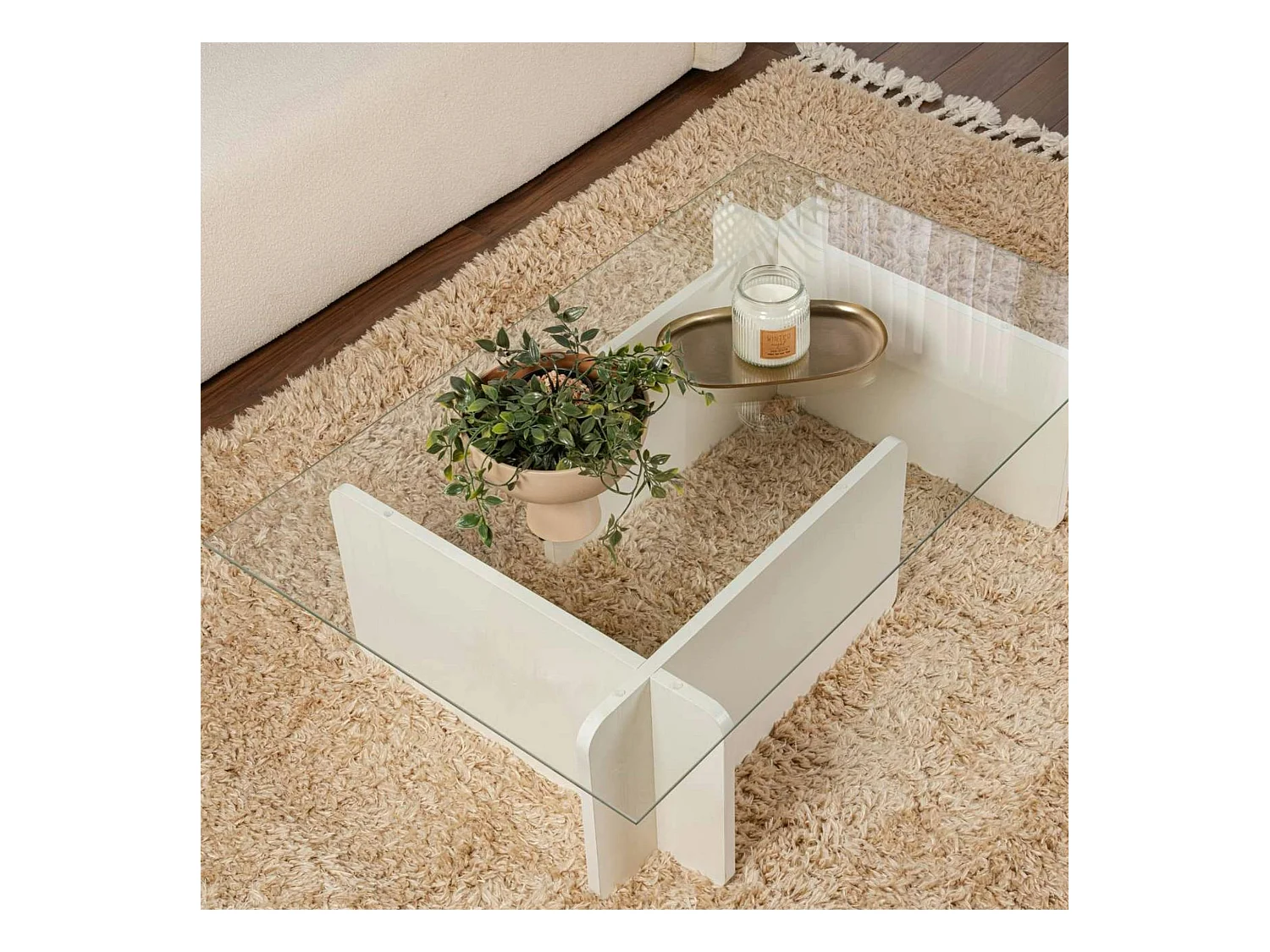 Table basse verre déstructurée – base effet bois blanc SALTA