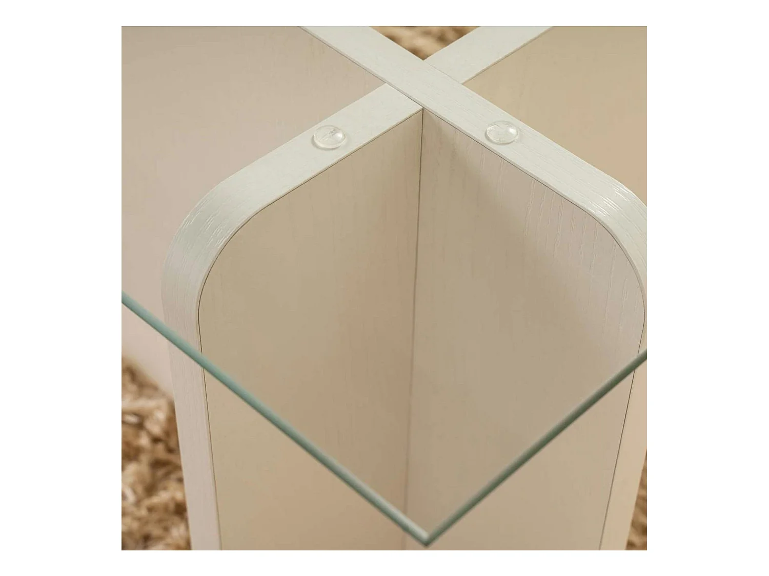 Table basse verre déstructurée – base effet bois blanc SALTA