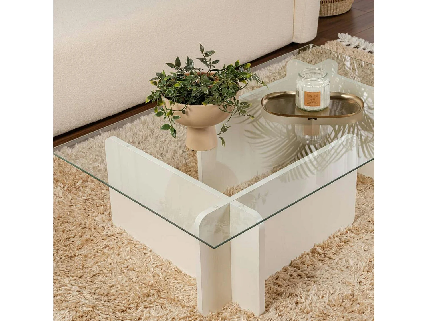 Table basse verre déstructurée – base effet bois blanc SALTA