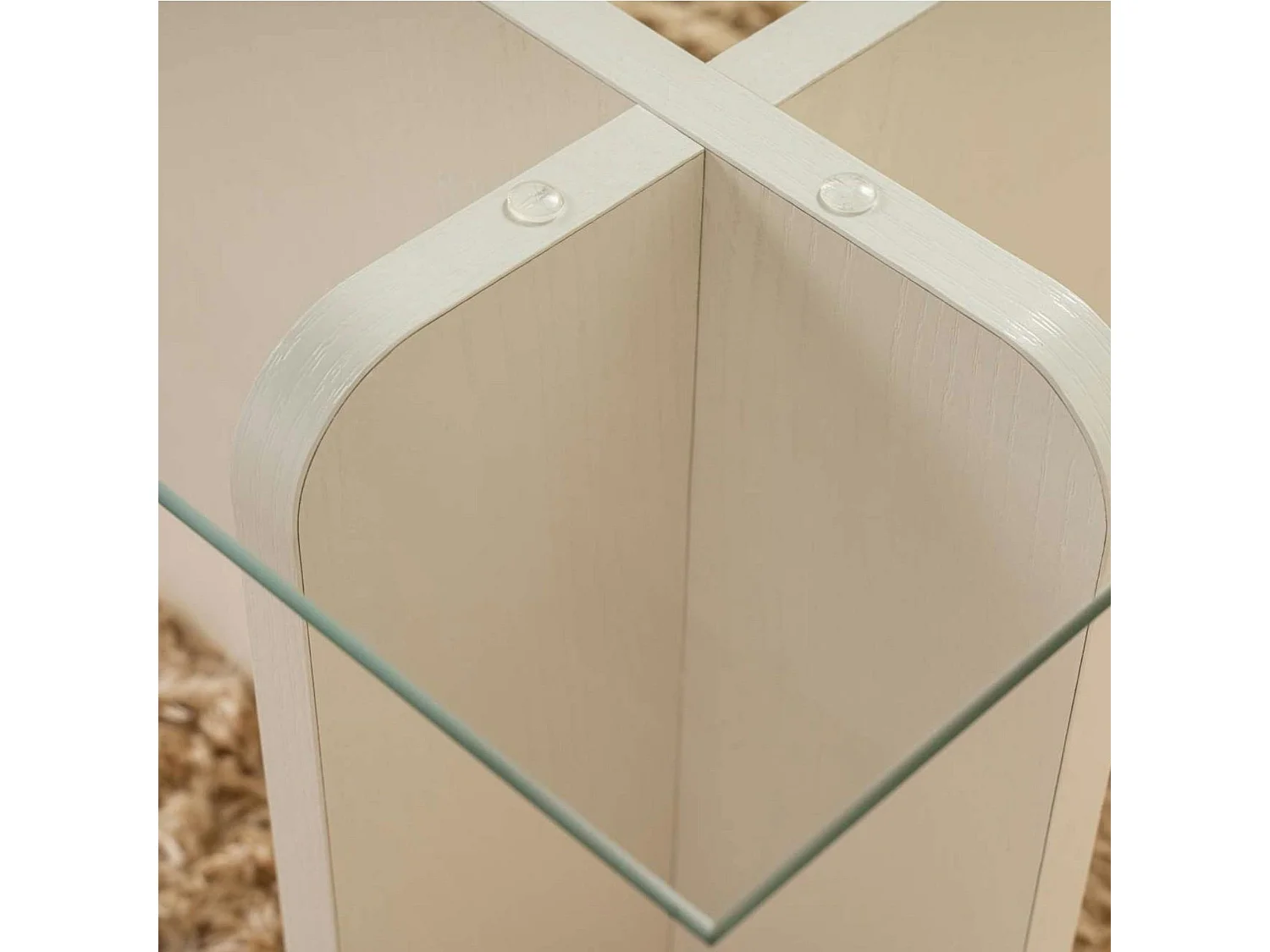 Table basse verre déstructurée – base effet bois blanc SALTA