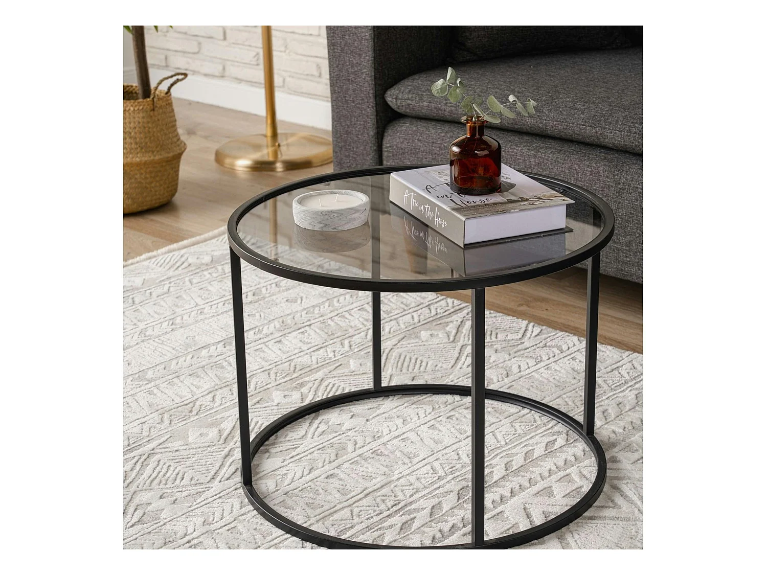 Table basse ronde verre fumé ⌀60 cm - structure noire TULUM