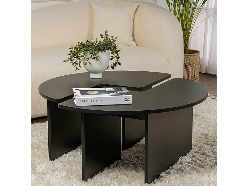 Table basse ronde noire effet bois - design puzzle MARFA