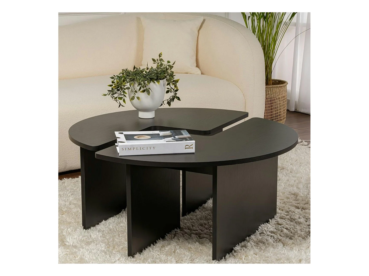 Table basse ronde noire effet bois - design puzzle MARFA