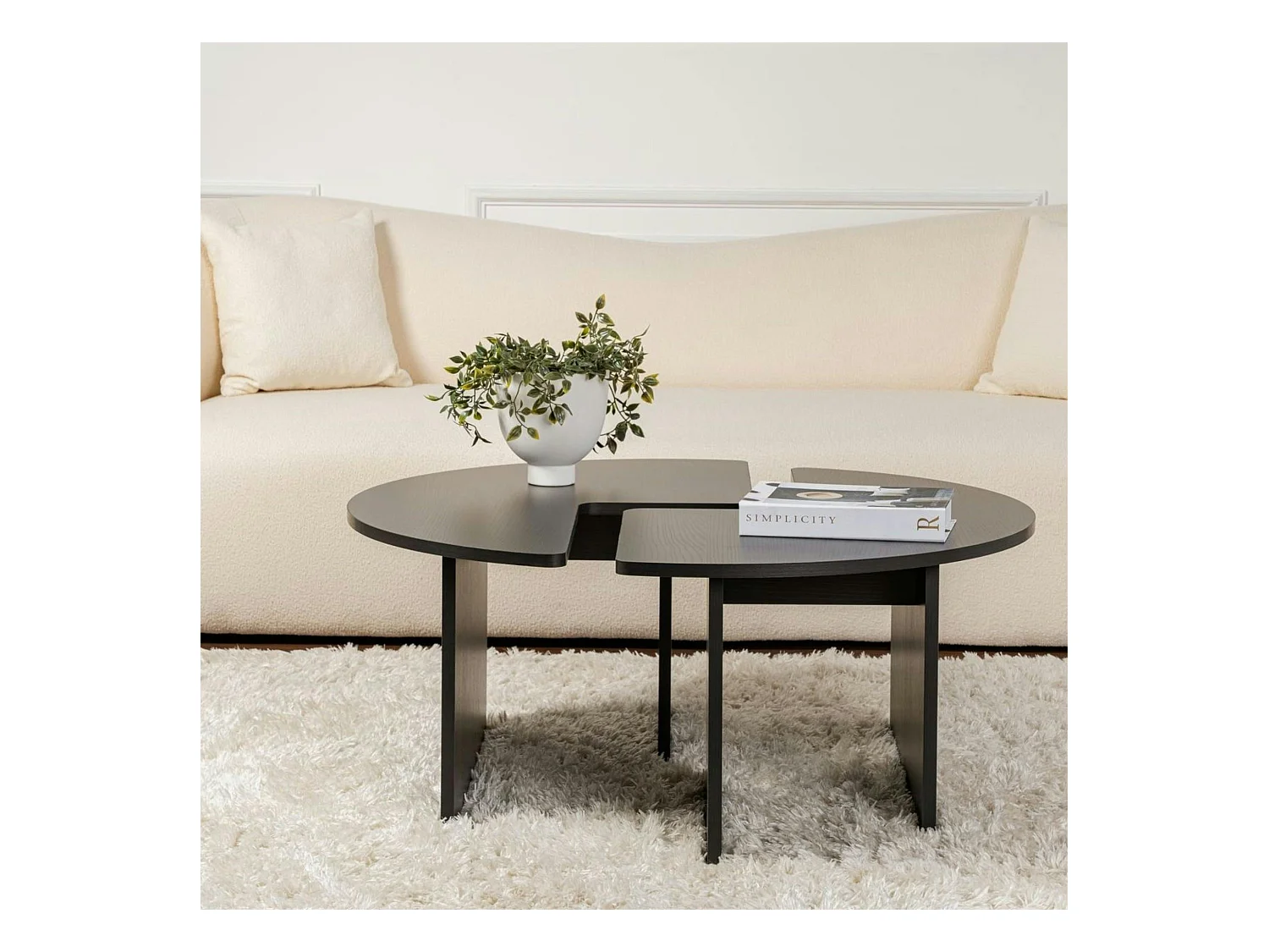 Table basse ronde noire effet bois - design puzzle MARFA
