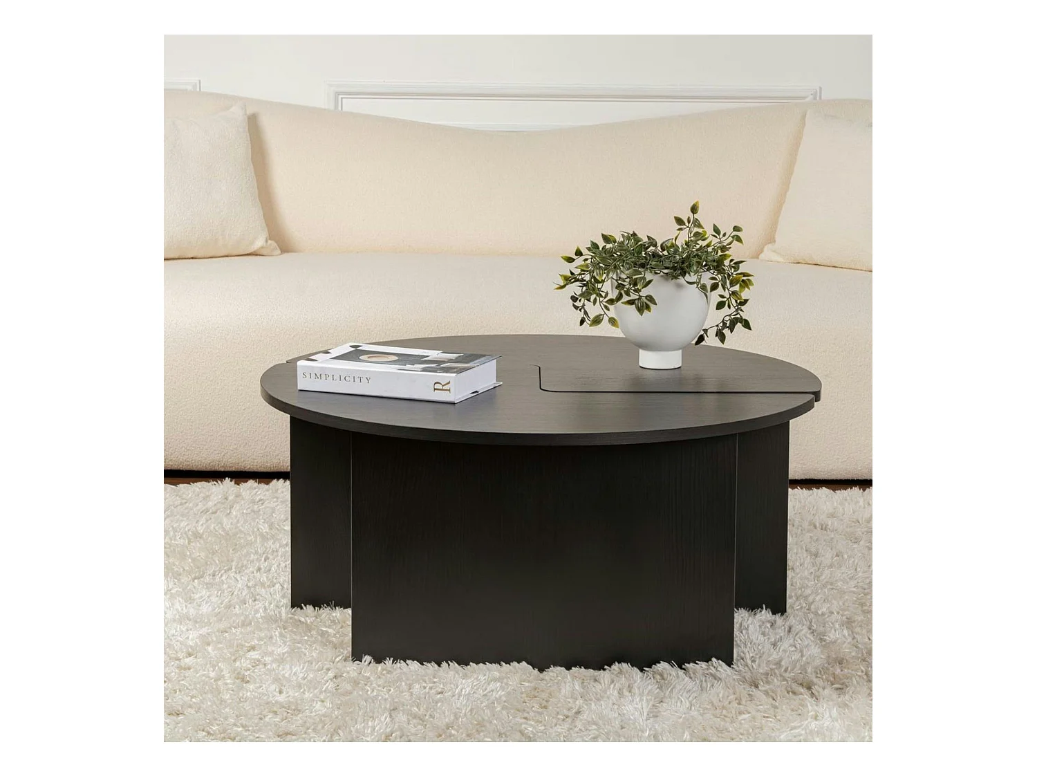 Table basse ronde noire effet bois - design puzzle MARFA
