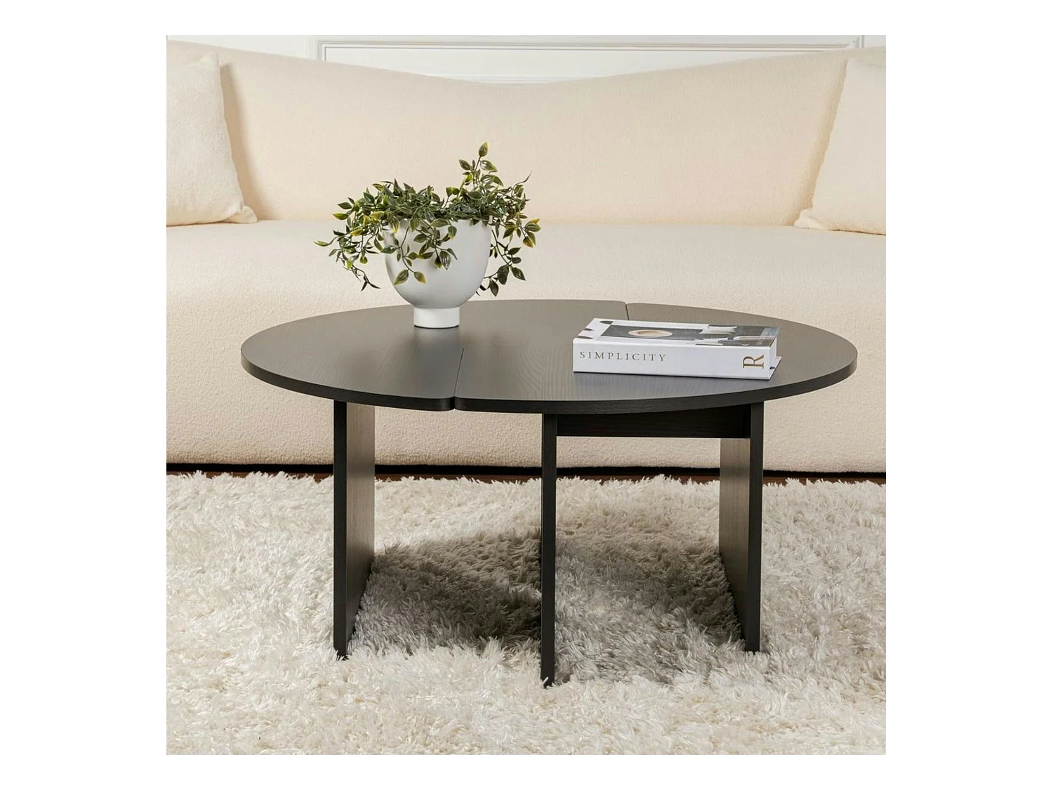 Table basse ronde noire effet bois - design puzzle MARFA