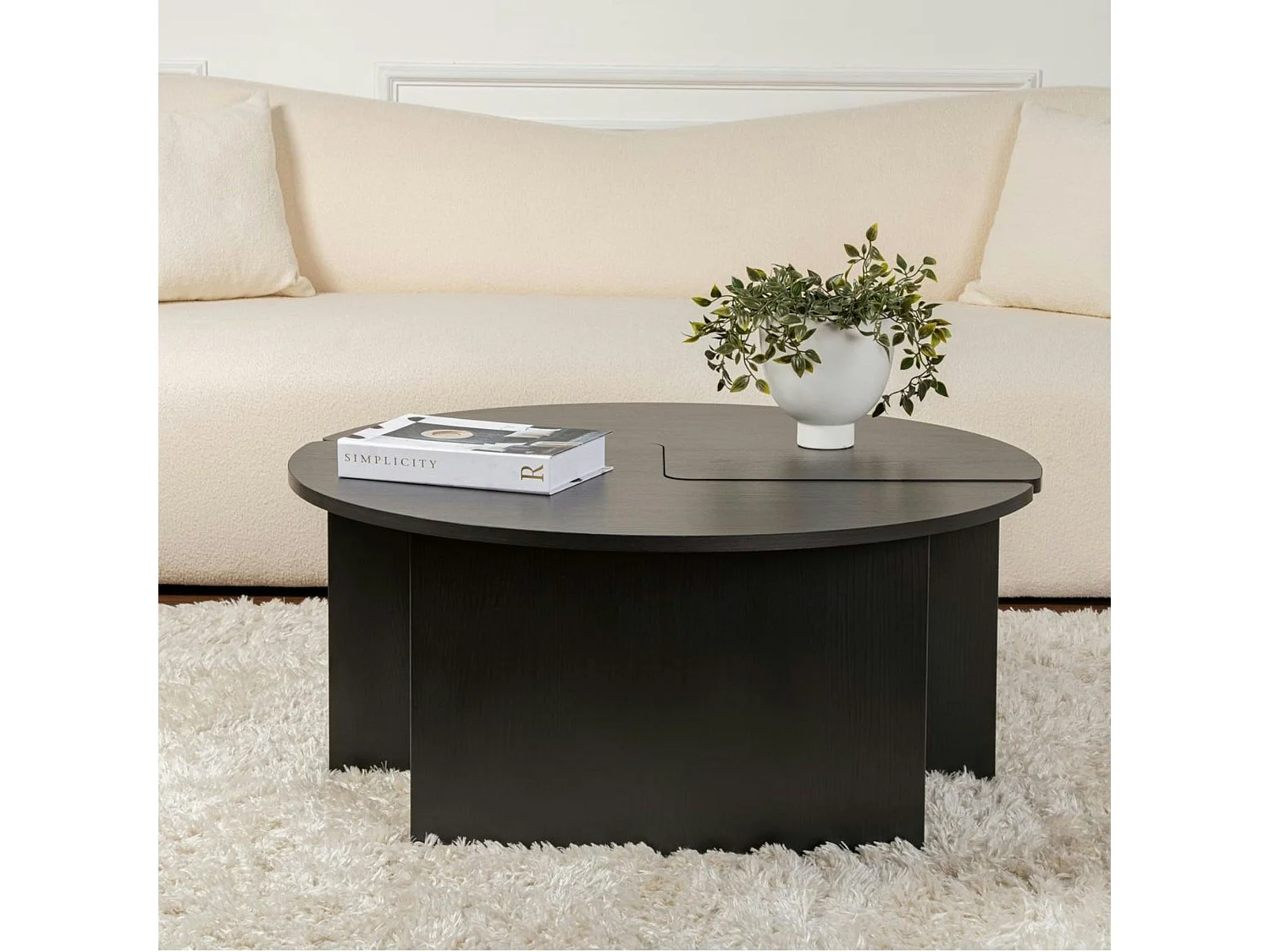 Table basse ronde noire effet bois - design puzzle MARFA