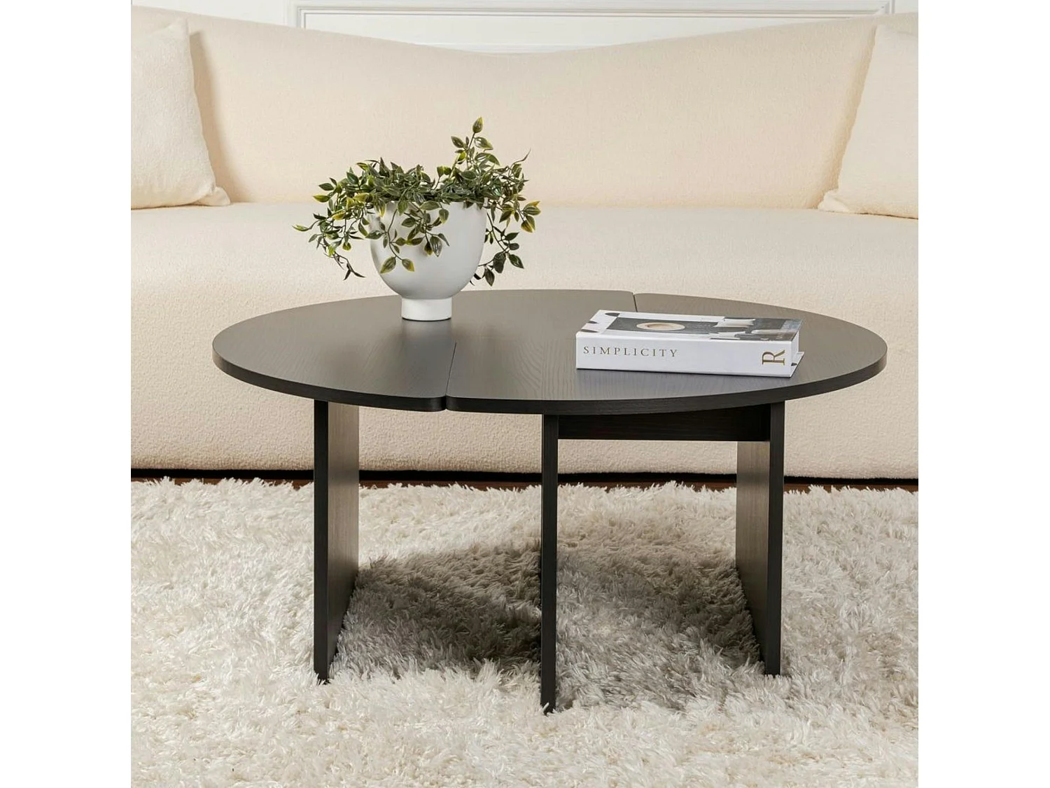 Table basse ronde noire effet bois - design puzzle MARFA