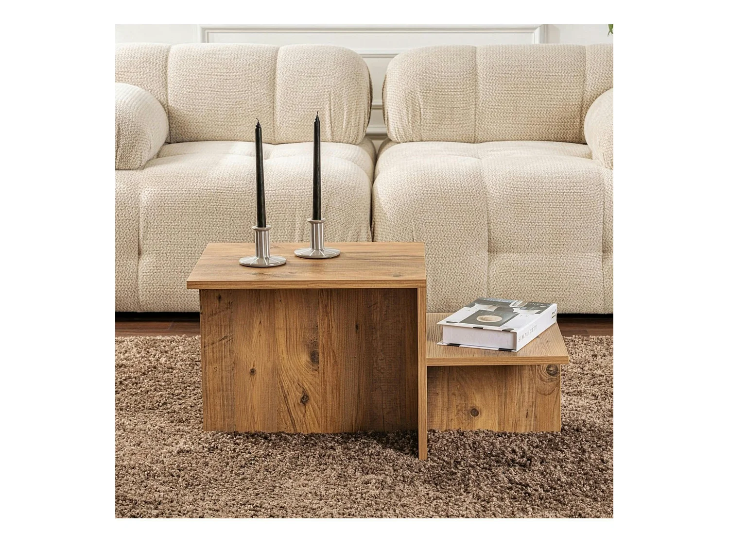 Table basse moderne effet bois naturel - 2 niveaux MARFA