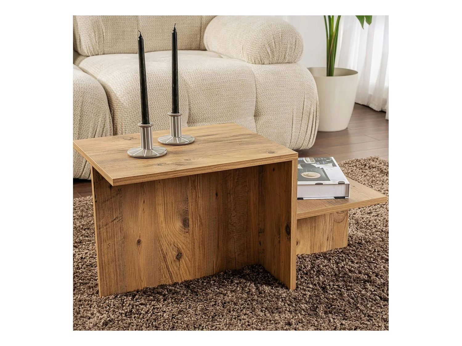 Table basse moderne effet bois naturel - 2 niveaux MARFA
