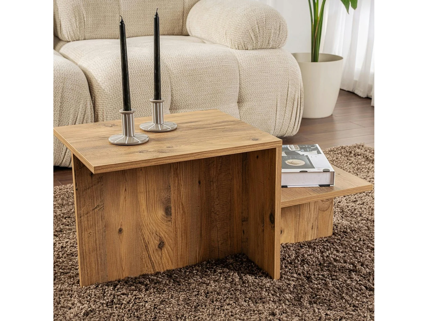 Table basse moderne effet bois naturel - 2 niveaux MARFA