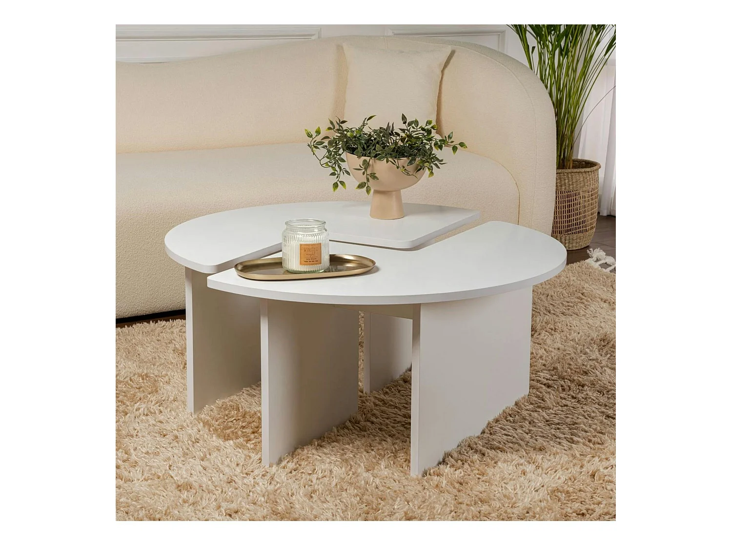 Table basse ronde blanche effet laque - design puzzle MARFA