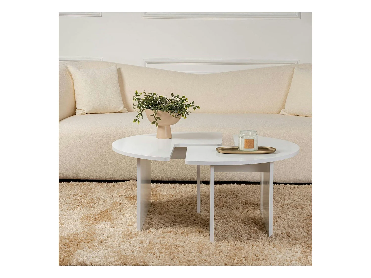 Table basse ronde blanche effet laque - design puzzle MARFA