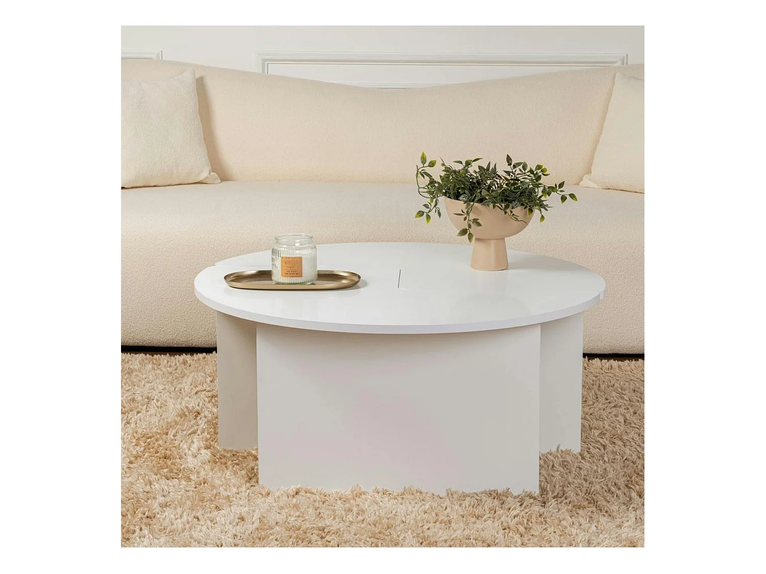 Table basse ronde blanche effet laque - design puzzle MARFA