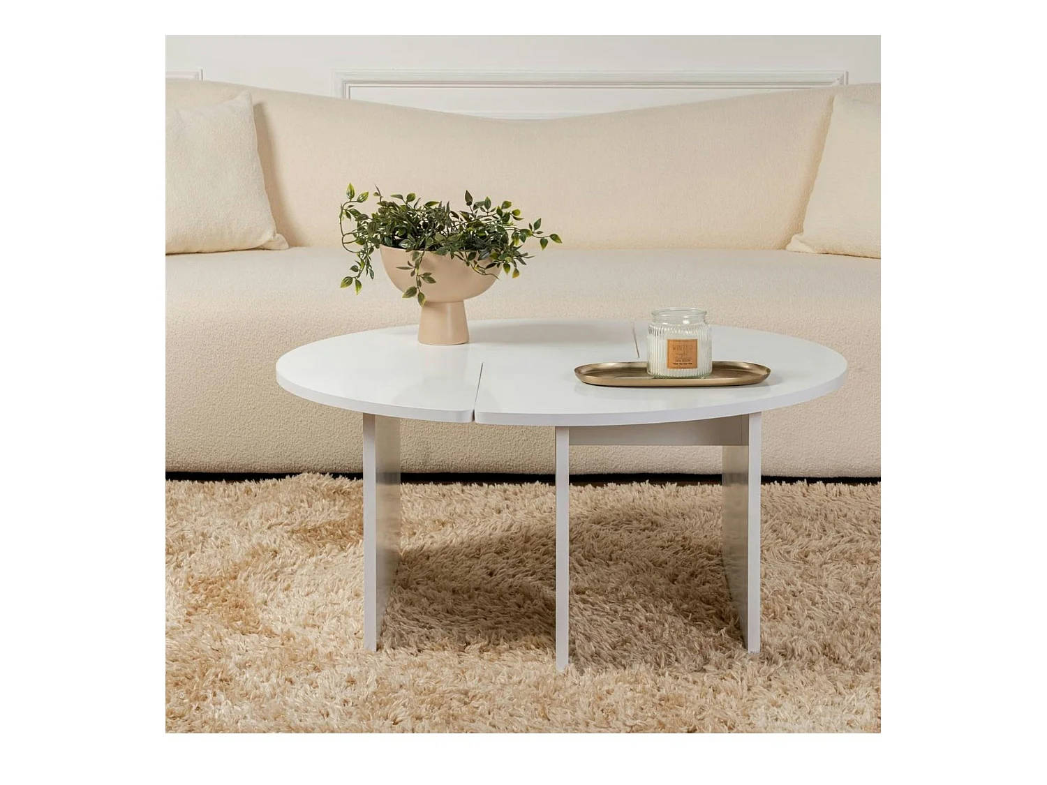 Table basse ronde blanche effet laque - design puzzle MARFA