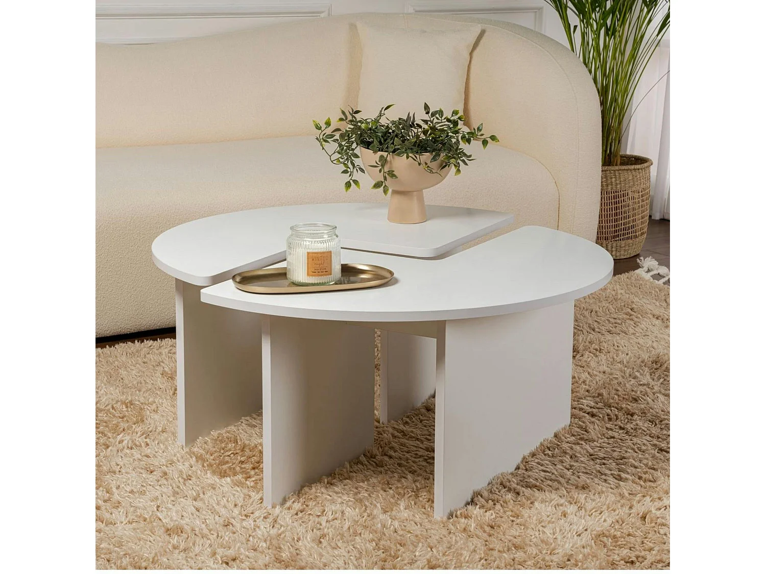 Table basse ronde blanche effet laque - design puzzle MARFA