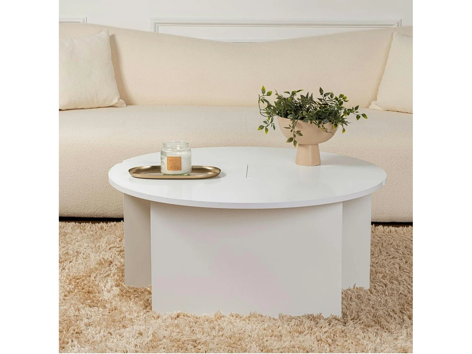 Table basse ronde blanche effet laque - design puzzle MARFA