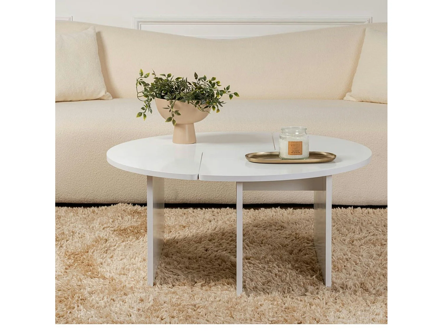 Table basse ronde blanche effet laque - design puzzle MARFA