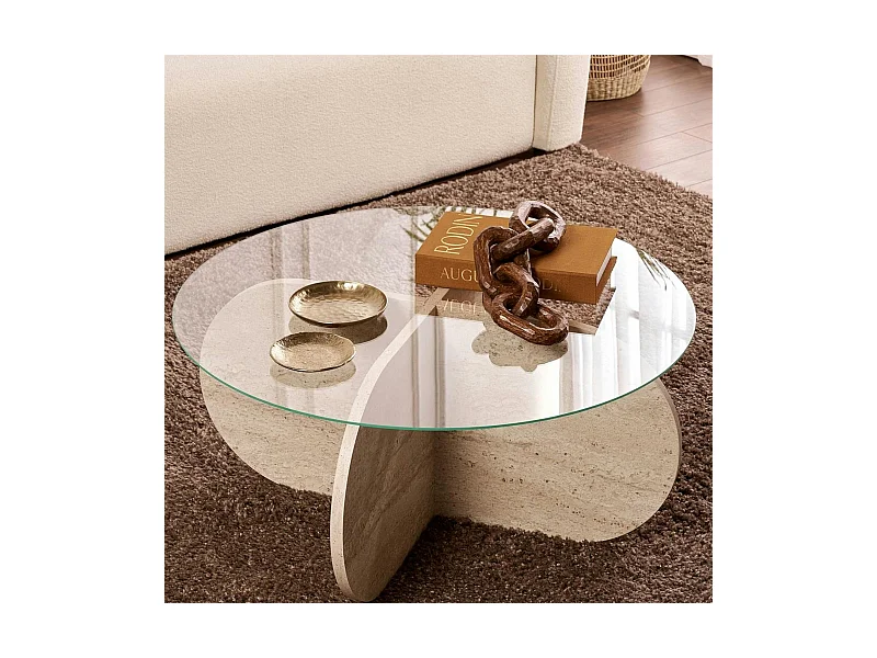 Table basse en verre - pied en croix effet travertin SALTA