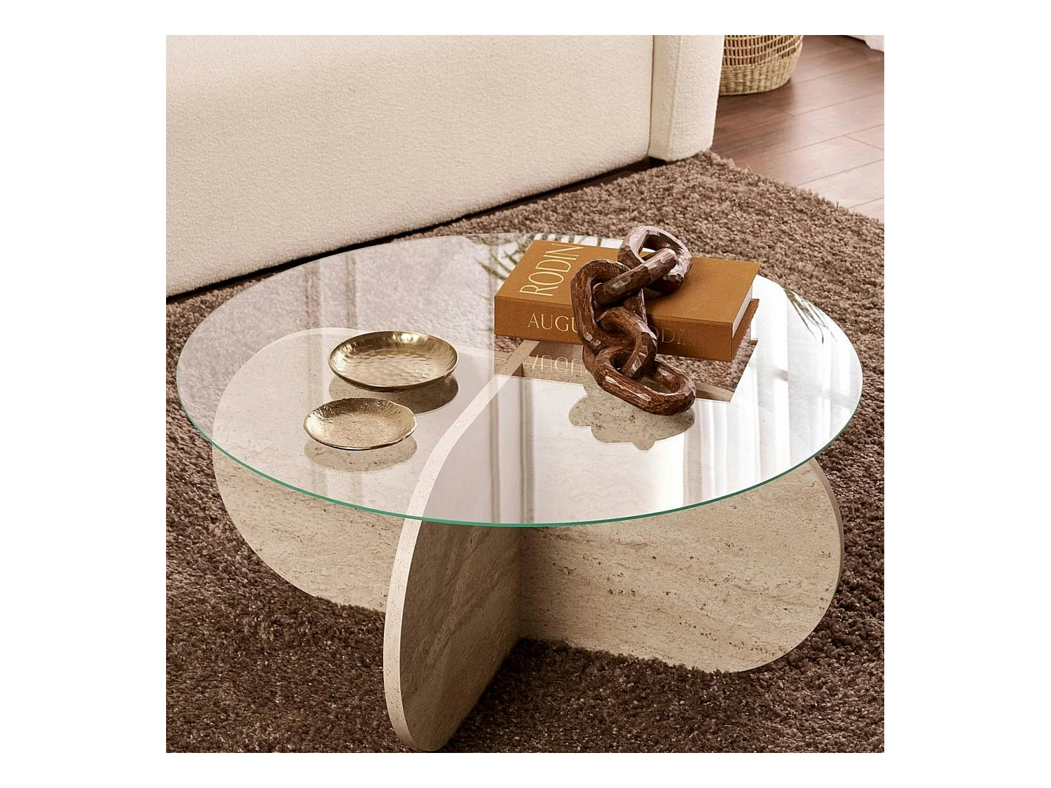 Table basse en verre - pied en croix effet travertin SALTA