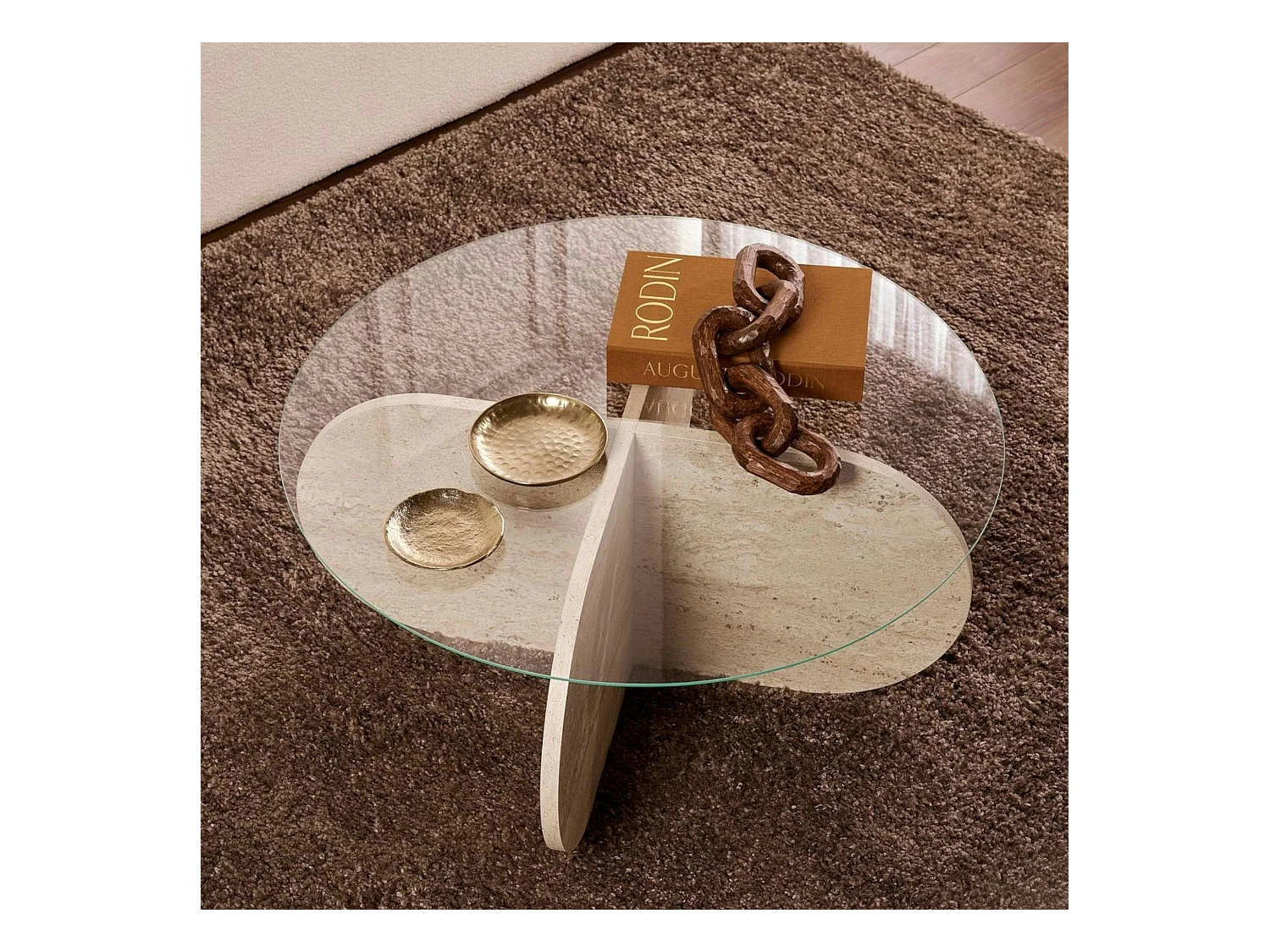 Table basse en verre - pied en croix effet travertin SALTA