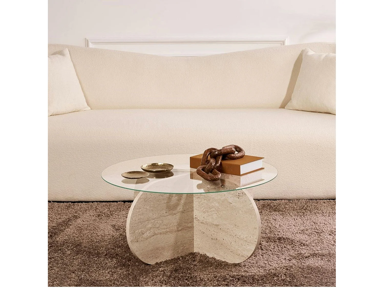 Table basse en verre - pied en croix effet travertin SALTA