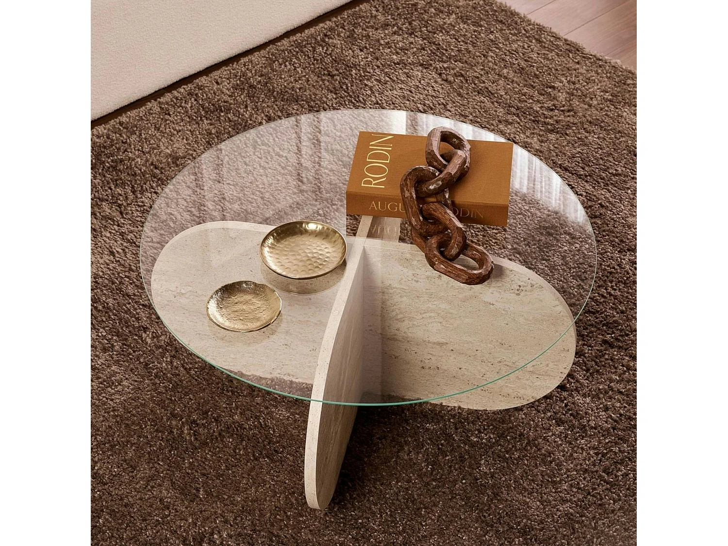 Table basse en verre - pied en croix effet travertin SALTA