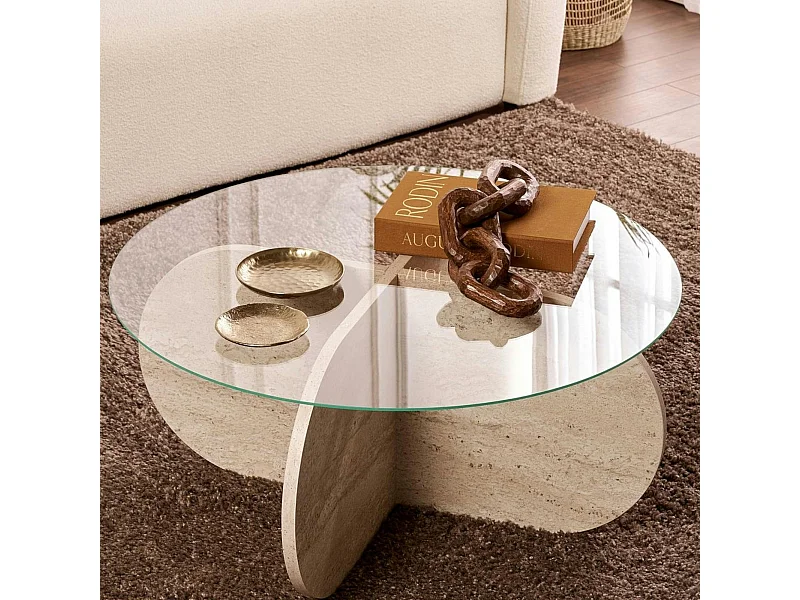 Table basse en verre - pied en croix effet travertin SALTA