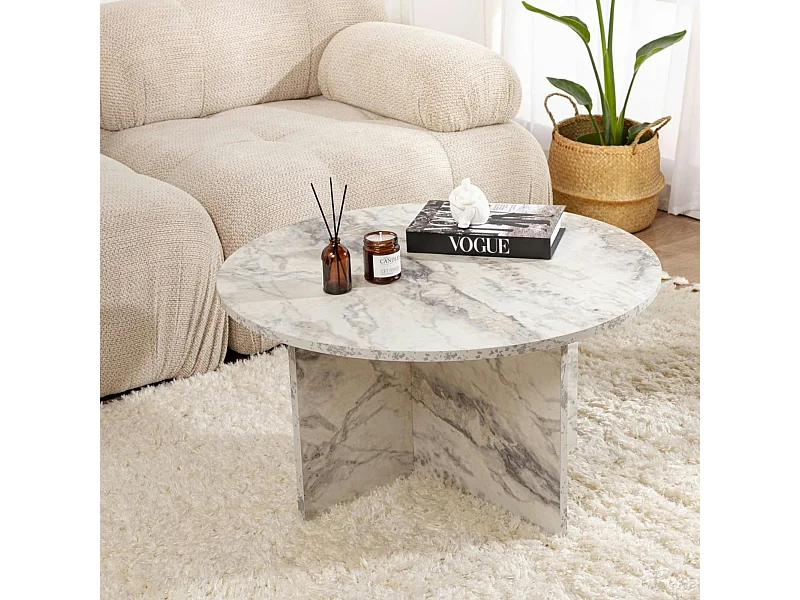 Table basse ronde effet marbre – pied croisé design MARFA