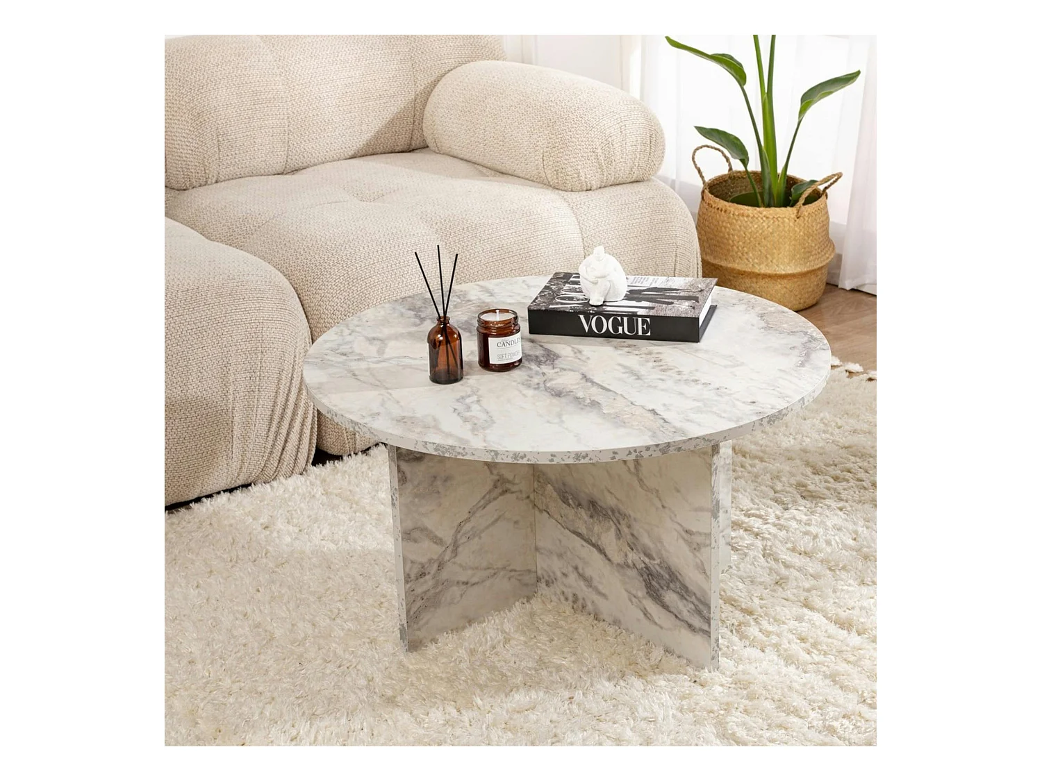 Table basse ronde effet marbre – pied croisé design MARFA