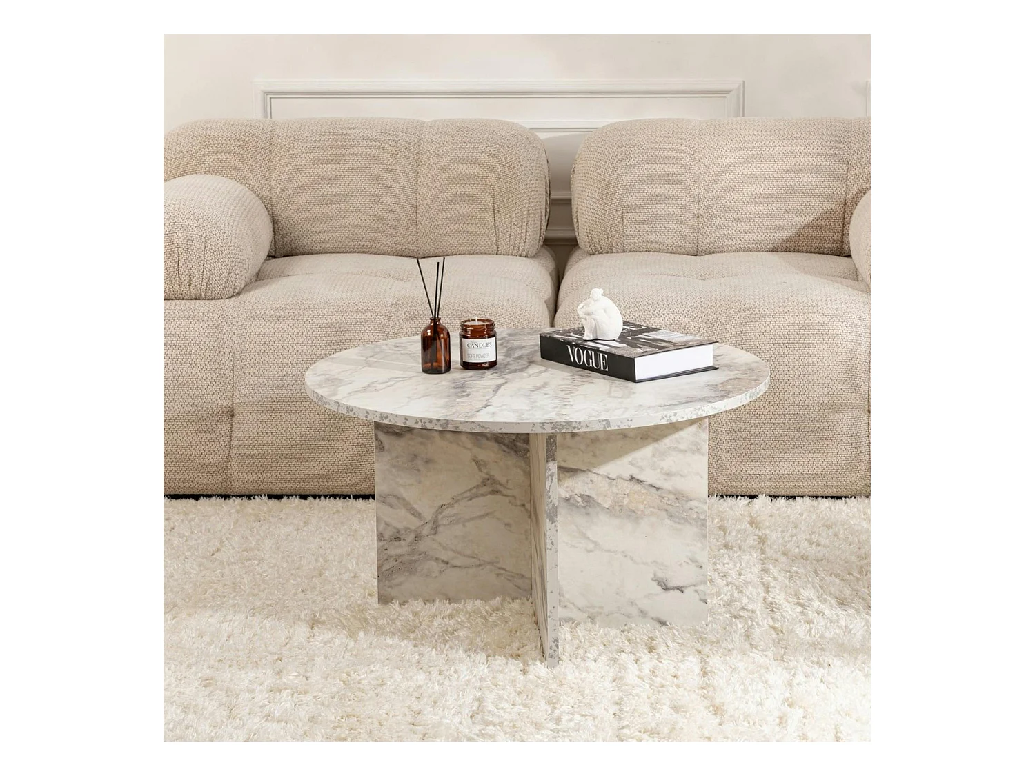 Table basse ronde effet marbre – pied croisé design MARFA