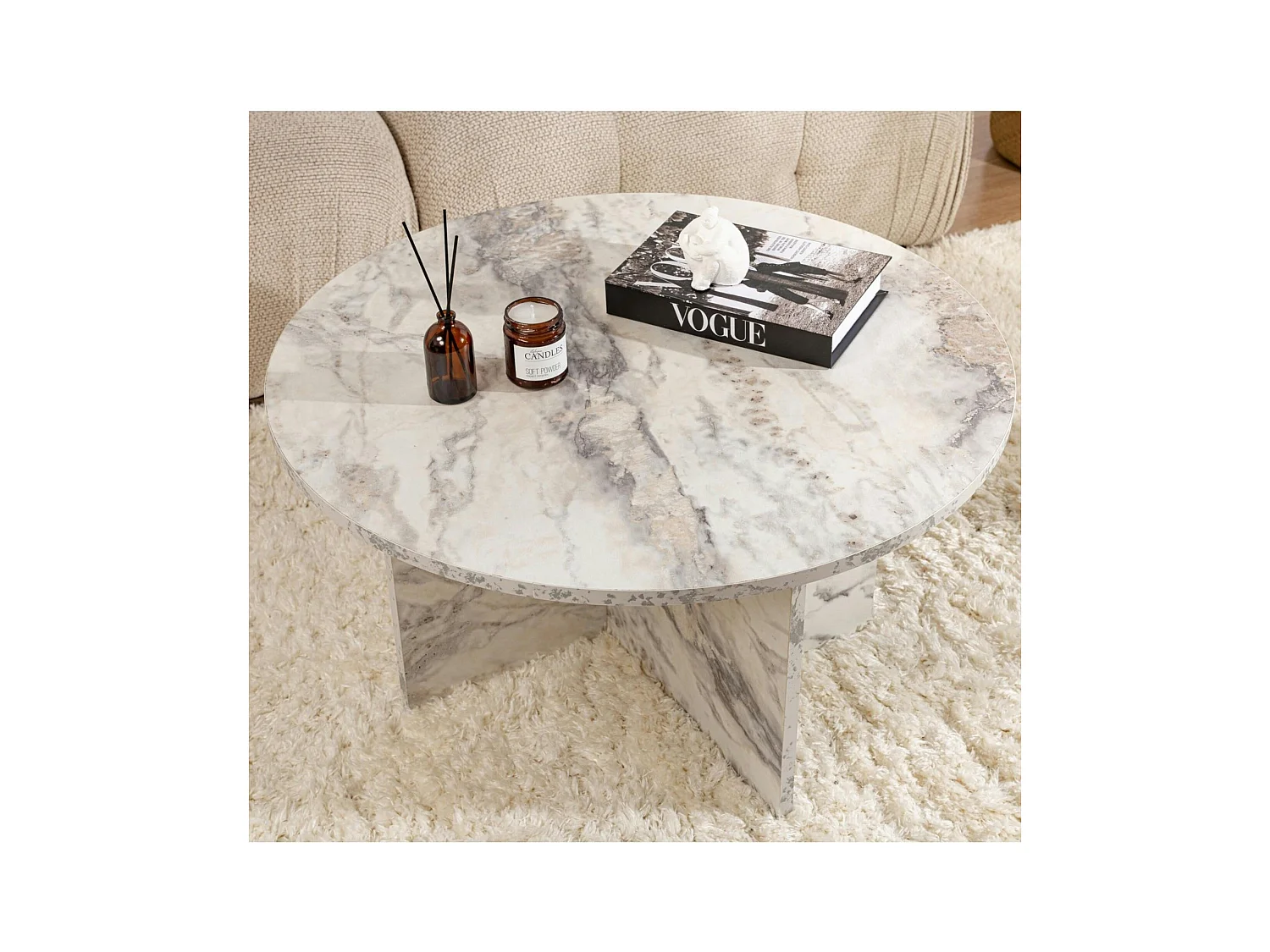 Table basse ronde effet marbre – pied croisé design MARFA