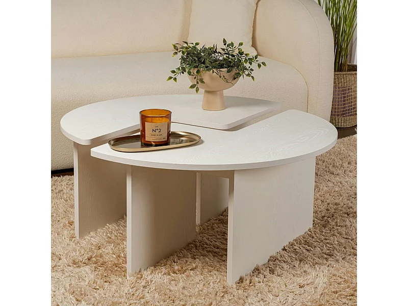 Table basse ronde blanche effet bois - design puzzle MARFA
