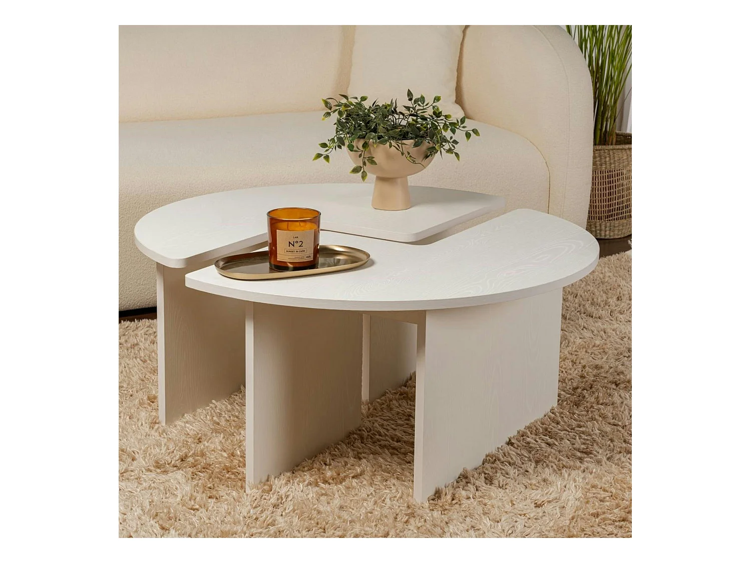 Table basse ronde blanche effet bois - design puzzle MARFA