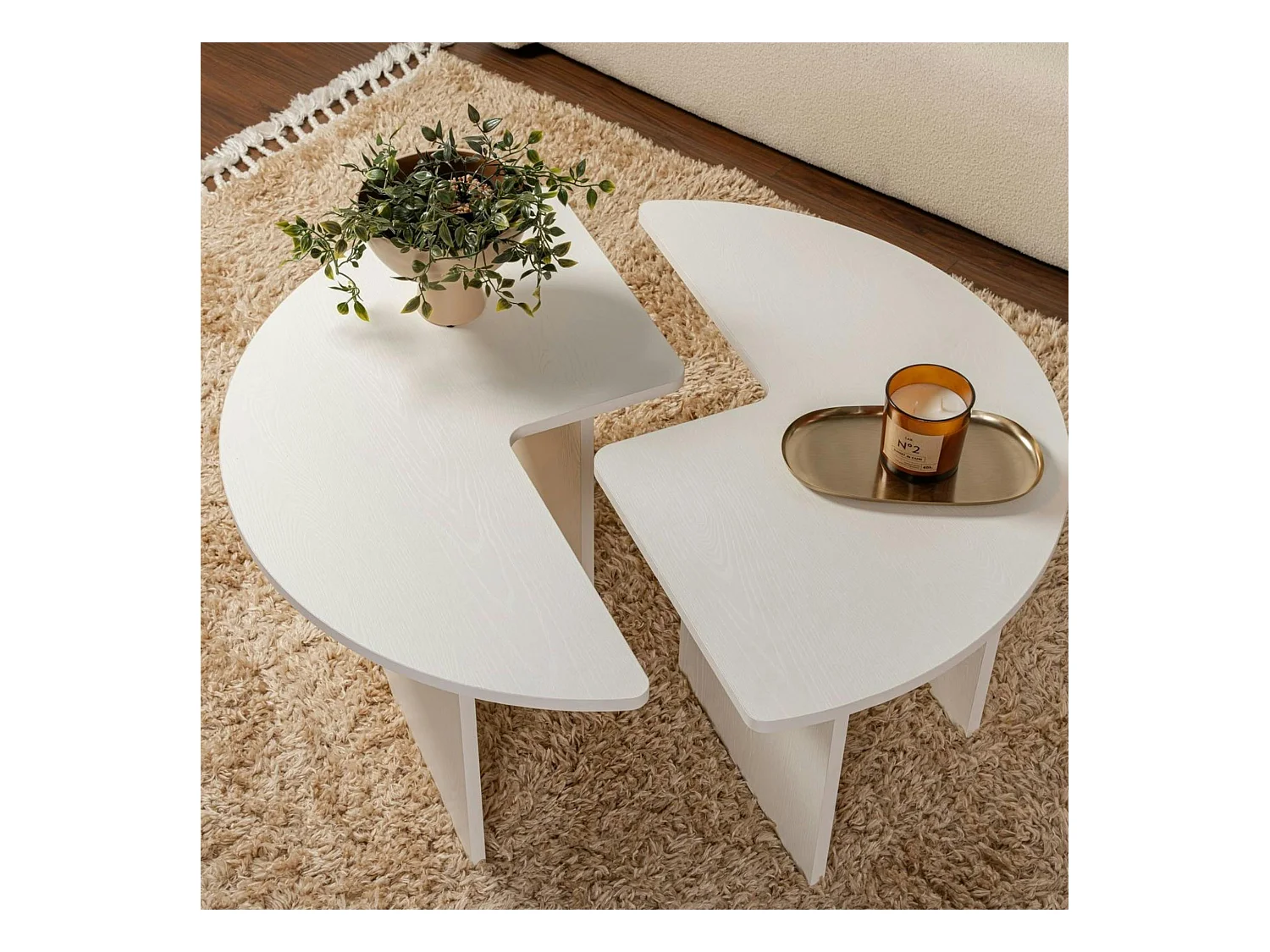 Table basse ronde blanche effet bois - design puzzle MARFA