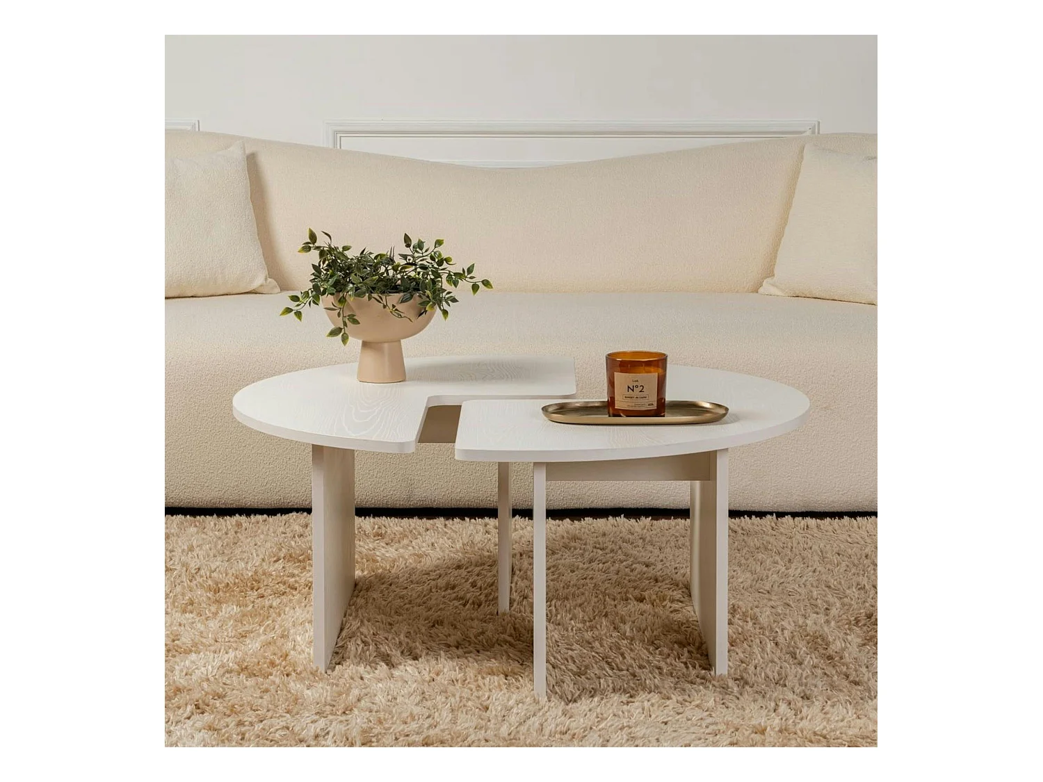 Table basse ronde blanche effet bois - design puzzle MARFA