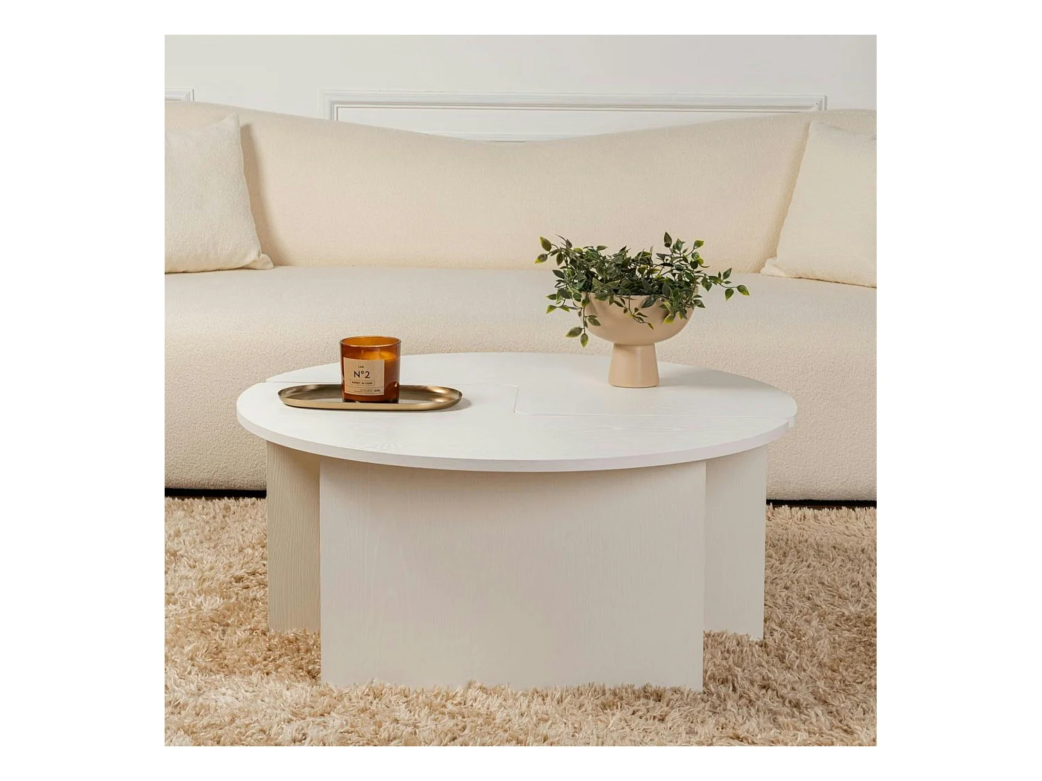 Table basse ronde blanche effet bois - design puzzle MARFA