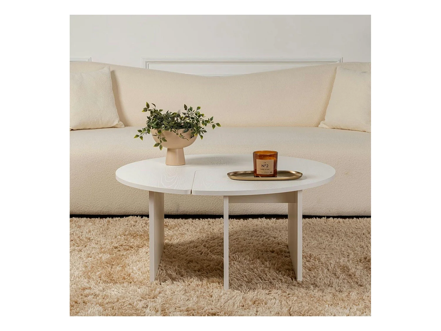 Table basse ronde blanche effet bois - design puzzle MARFA