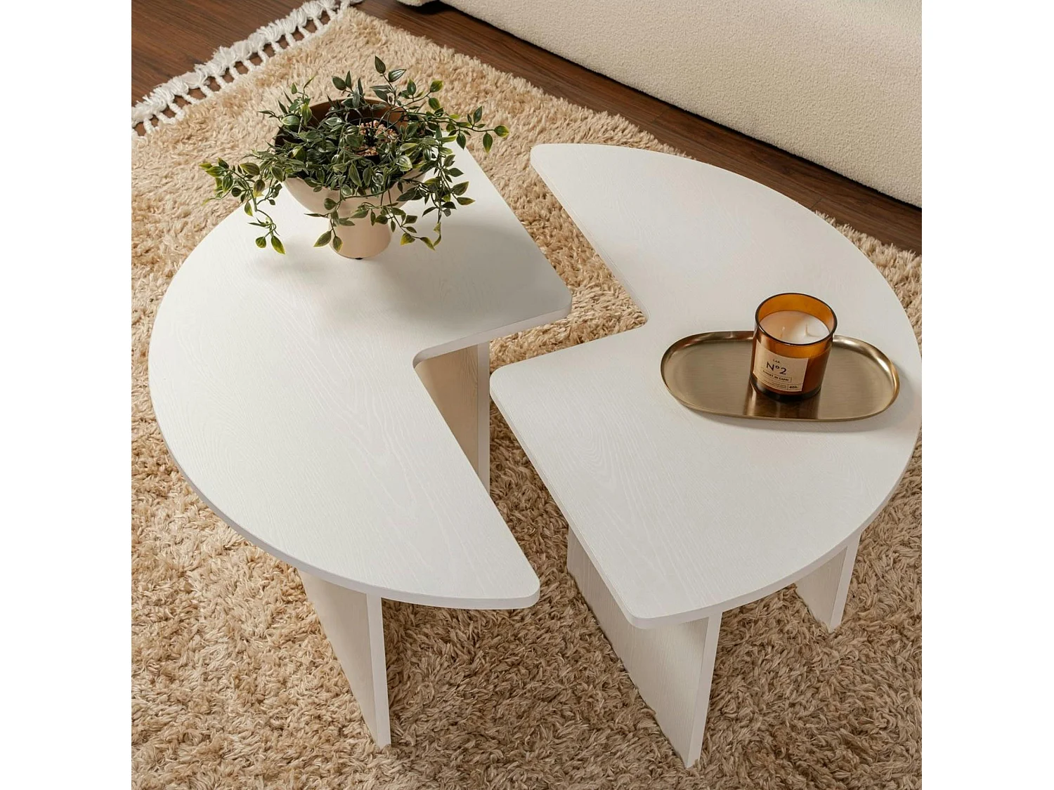 Table basse ronde blanche effet bois - design puzzle MARFA