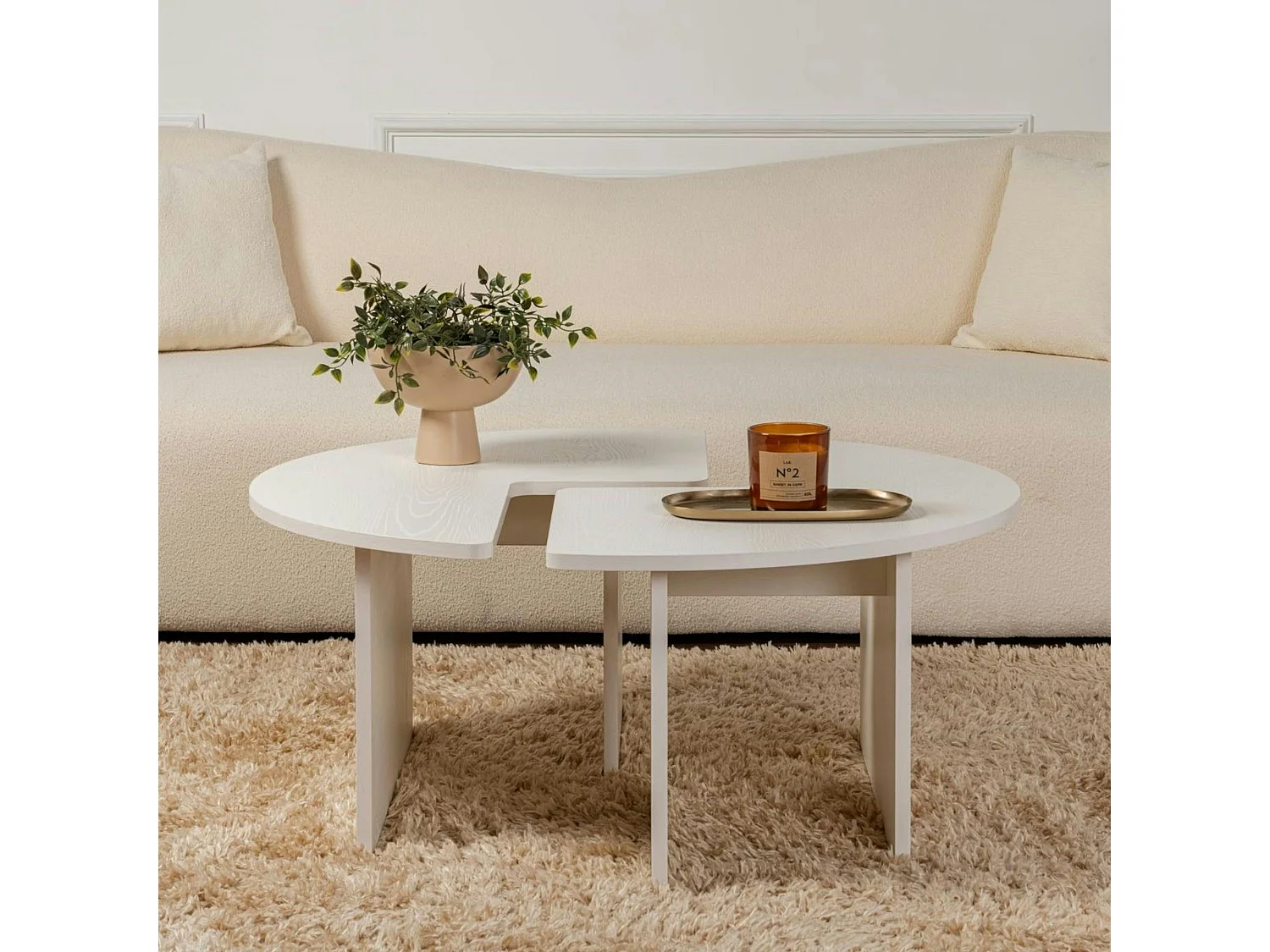 Table basse ronde blanche effet bois - design puzzle MARFA