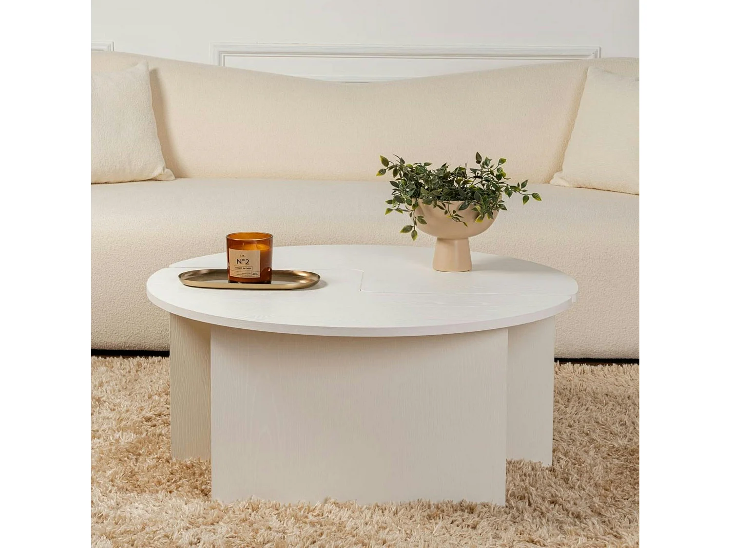Table basse ronde blanche effet bois - design puzzle MARFA