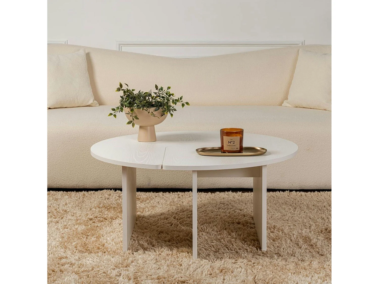 Table basse ronde blanche effet bois - design puzzle MARFA