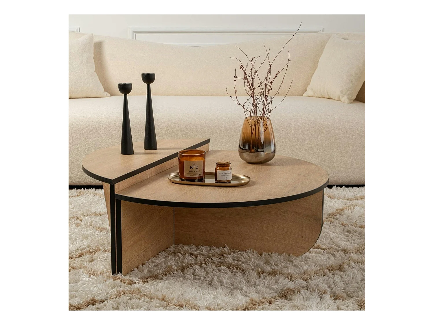 Table basse moderne effet bois ruban noir - 2 hauteurs MARFA