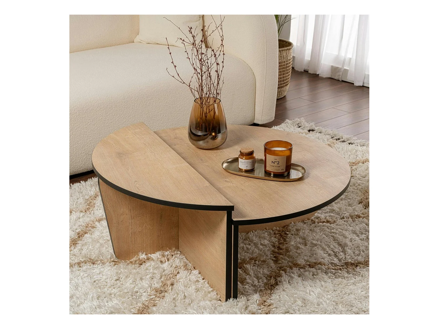 Table basse moderne effet bois ruban noir - 2 hauteurs MARFA