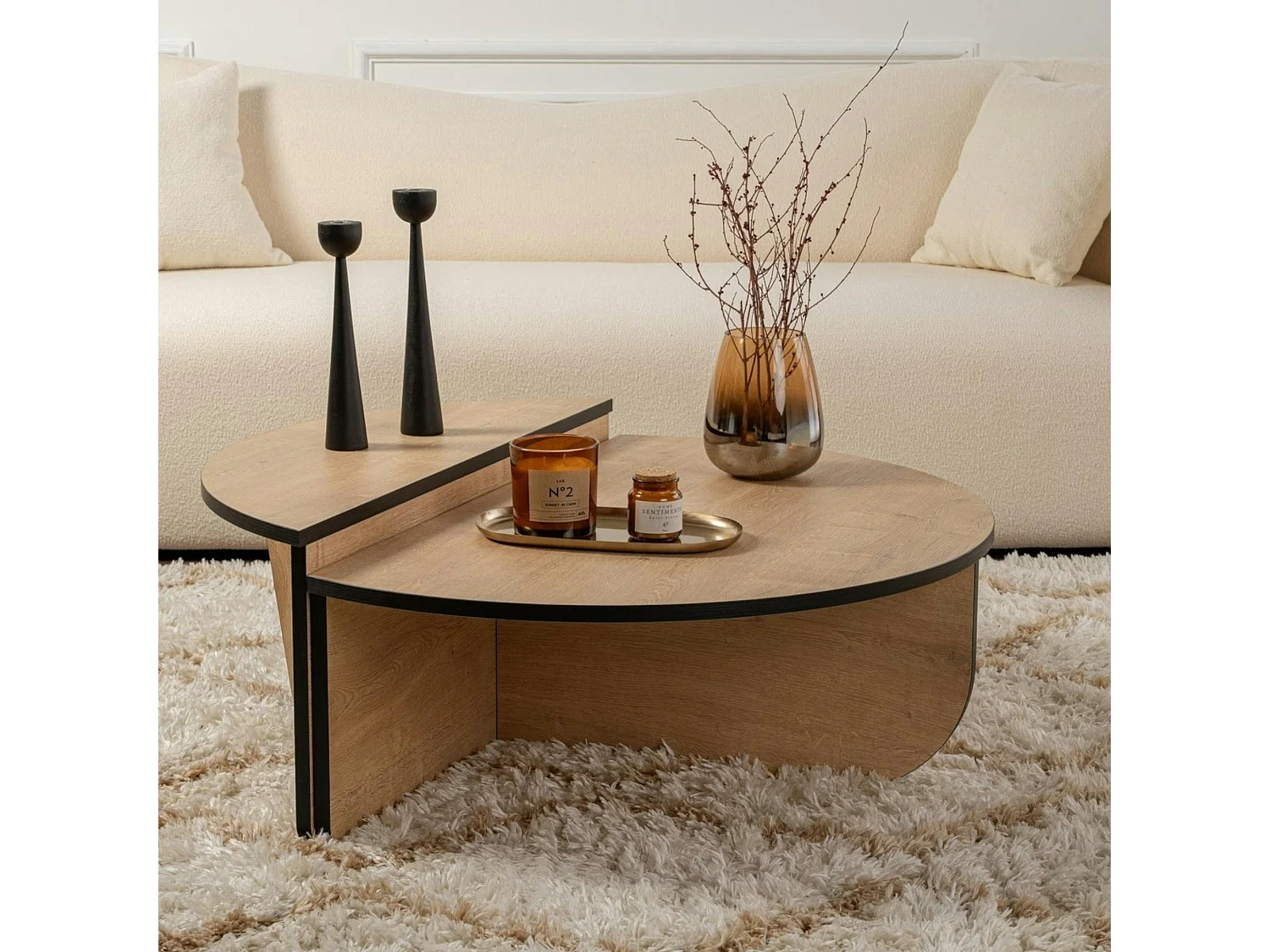 Table basse moderne effet bois ruban noir - 2 hauteurs MARFA