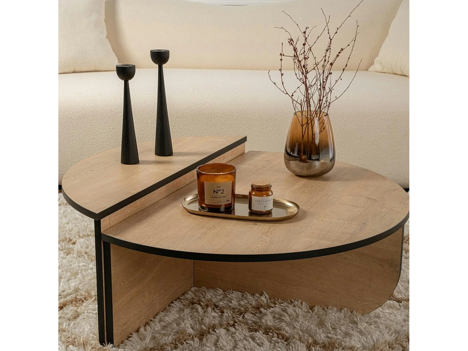 Table basse moderne effet bois ruban noir - 2 hauteurs MARFA