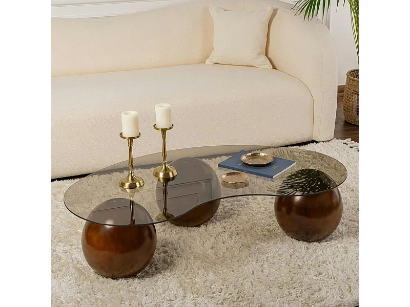 Table basse verre ambré design – 3 pieds boules marrons KOCHI