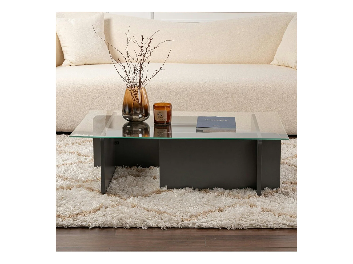 Table basse verre déstructurée – base gris anthracite SALTA